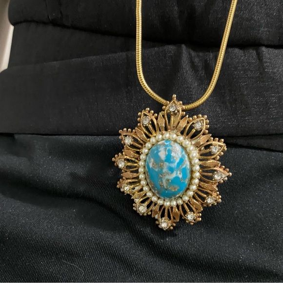 Vintage Cabochon Pearl Rhinestones Sunburst Pendant Round Snake Chain Necklace - Picture 4 of 12